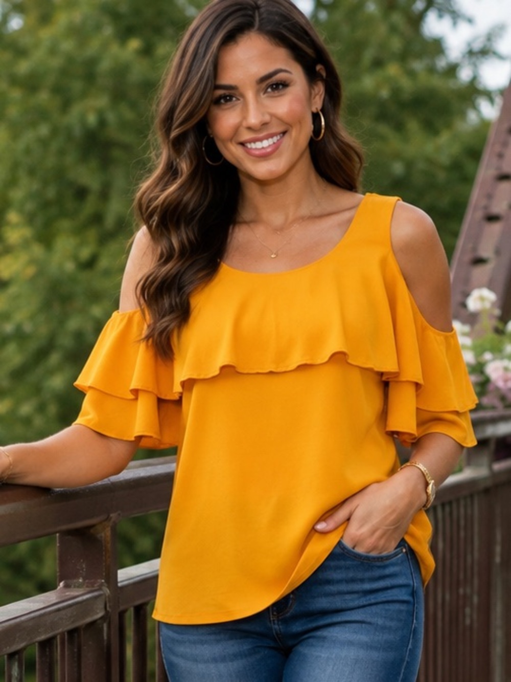 Michael Kors Yellow Cold-Shoulder Ruffle Top